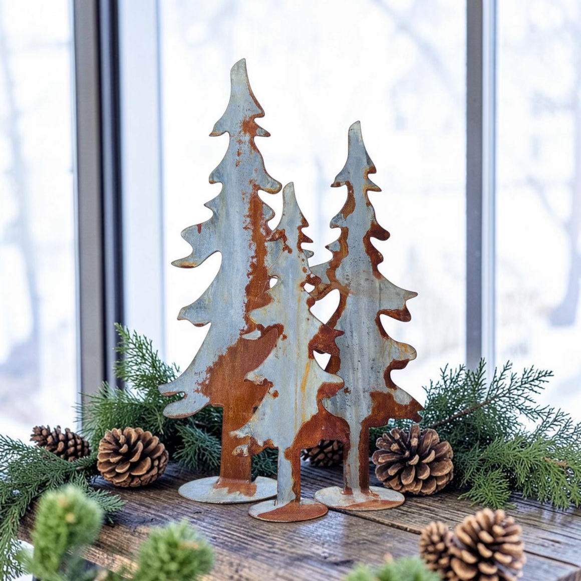 Rusty Metal Table Top Tree with Base, 3 Sizes
